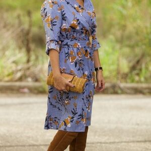 Who What Wear Blue Pinstripe Floral Faux Wrap Midi Dress - Size Medium